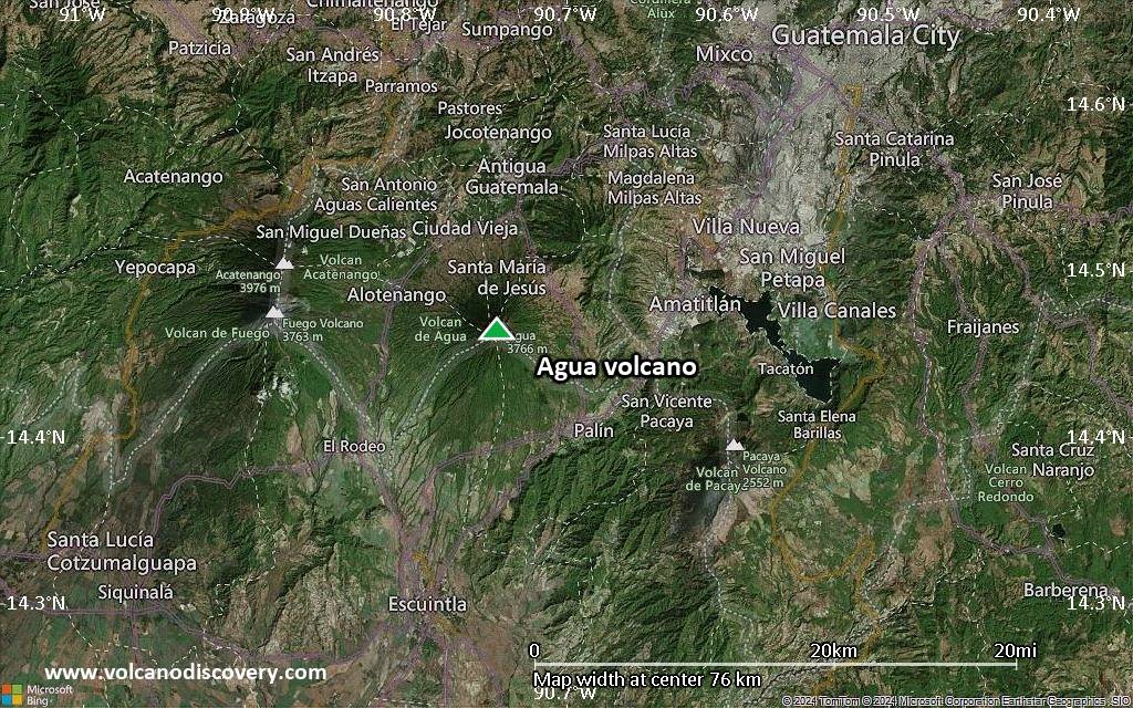 Satellite/aerial-type map of Agua volcano (scale of 10s of km)