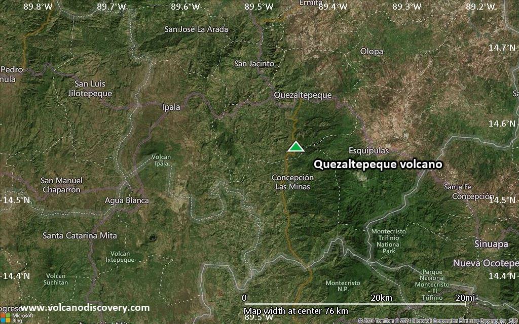 Satellite/aerial-type map of Quezaltepeque volcano (scale of 10s of km)
