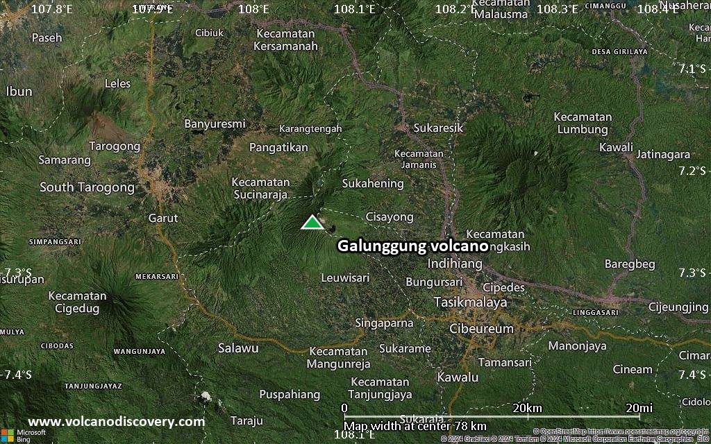 Satellite/aerial-type map of Galunggung volcano (scale of 10s of km)