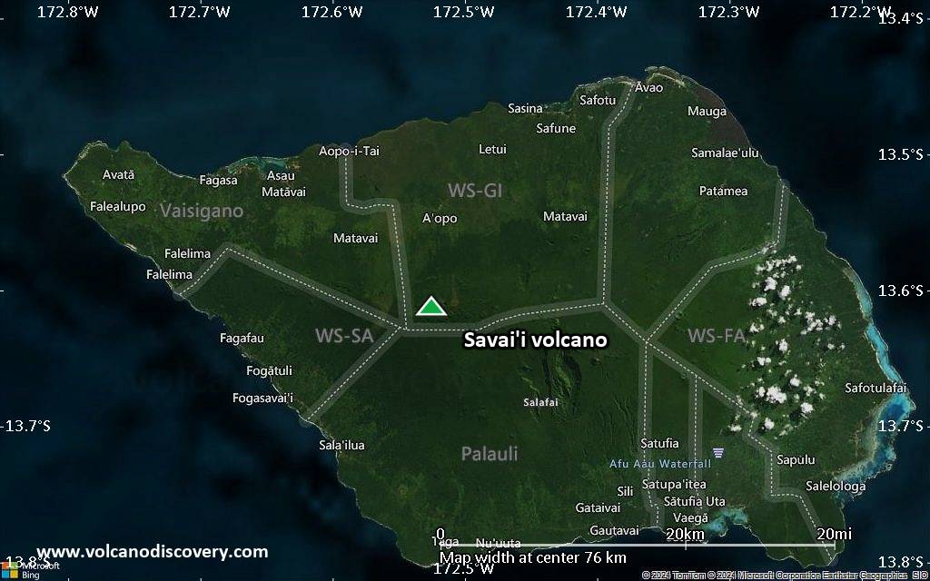 Satellite/aerial-type map of Savai'i volcano (scale of 10s of km)