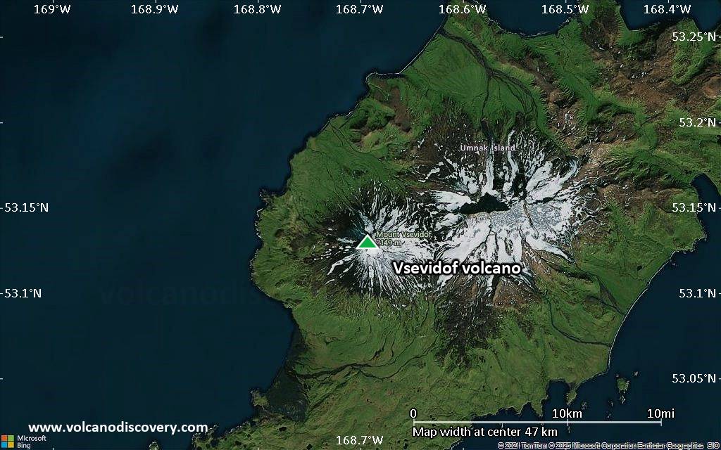 Satellite/aerial-type map of Vsevidof volcano (scale of 10s of km)