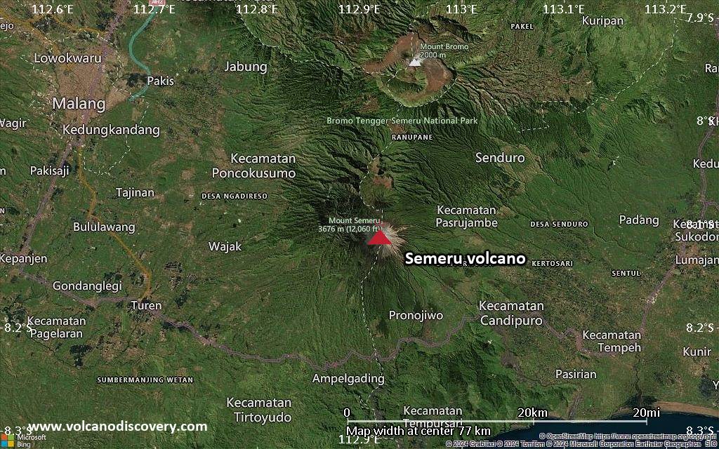Satellite/aerial-type map of Semeru volcano (scale of 10s of km)