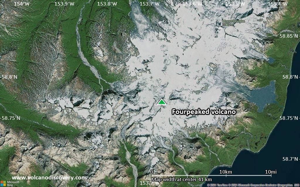 Satellite/aerial-type map of Fourpeaked volcano (scale of 10s of km)