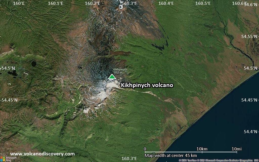 Satellite/aerial-type map of Kikhpinych volcano (scale of 10s of km)