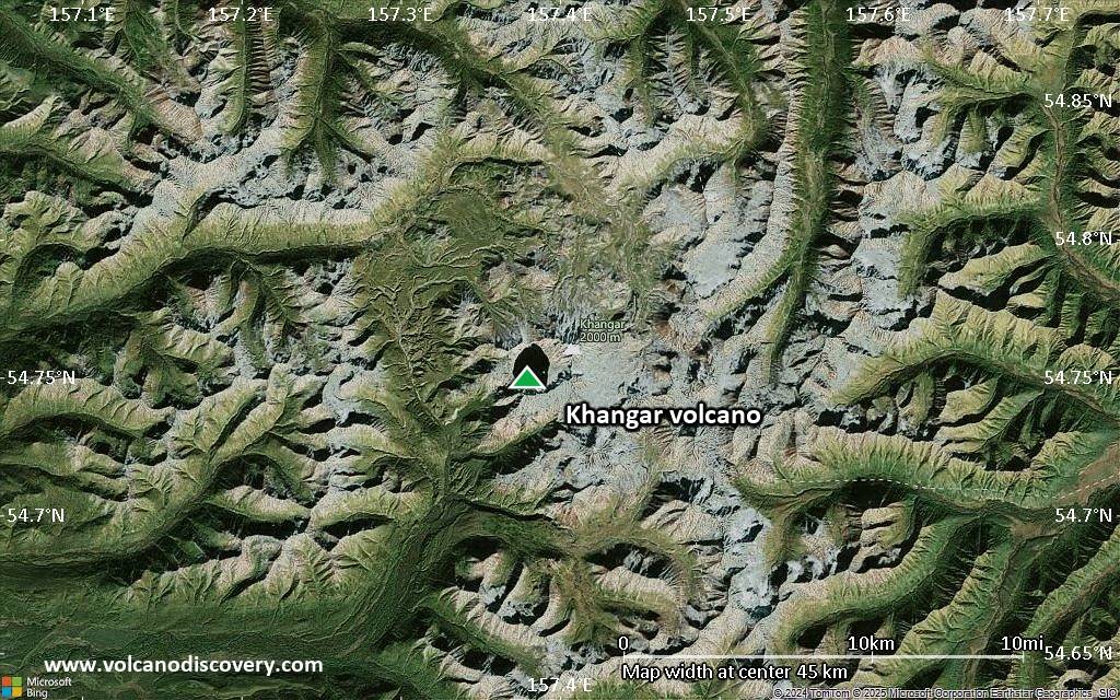 Satellite/aerial-type map of Khangar volcano (scale of 10s of km)