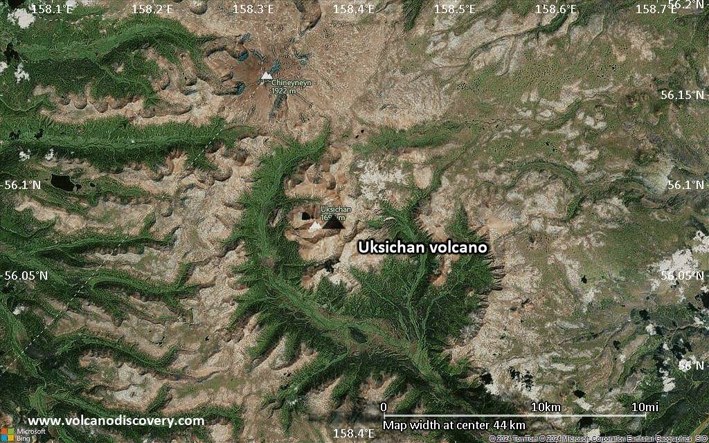 Satellite/aerial-type map of Uksichan volcano (scale of 10s of km)