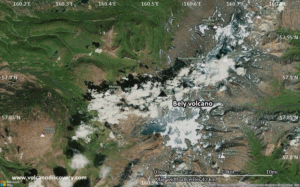 Satellite/aerial-type map of Bely volcano (scale of 10s of km)