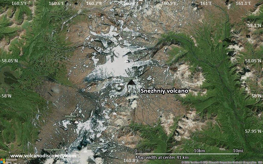 Satellite/aerial-type map of Snezhniy volcano (scale of 10s of km)