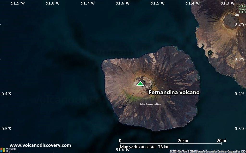 Satellite/aerial-type map of Fernandina volcano (scale of 10s of km)
