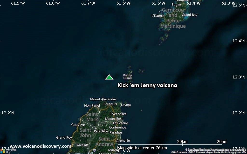 Satellite/aerial-type map of Kick 'em Jenny volcano (scale of 10s of km)