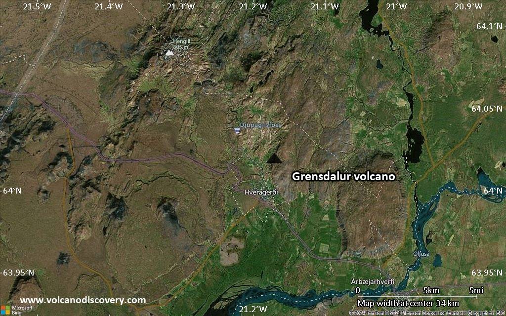 Satellite/aerial-type map of Grensdalur volcano (scale of 10s of km)