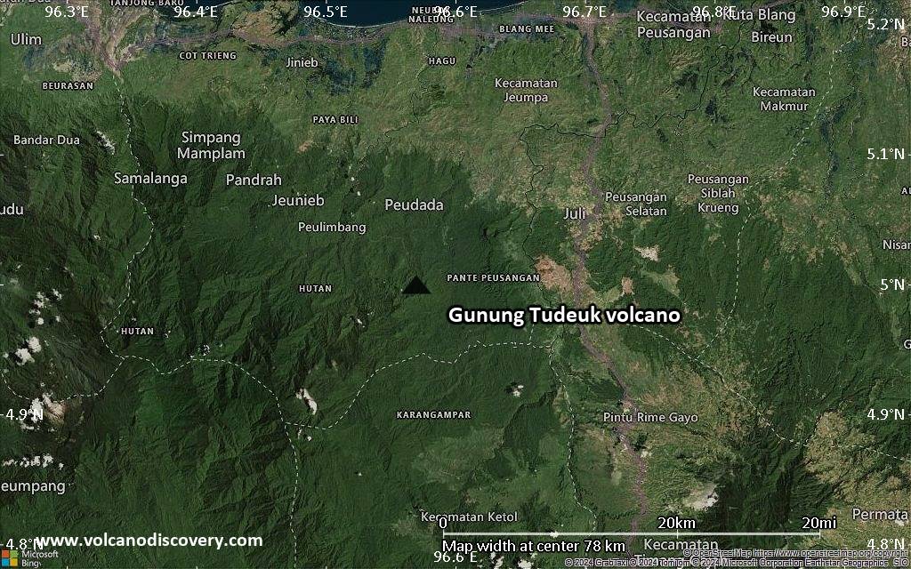 Satellite/aerial-type map of Gunung Tudeuk volcano (scale of 10s of km)