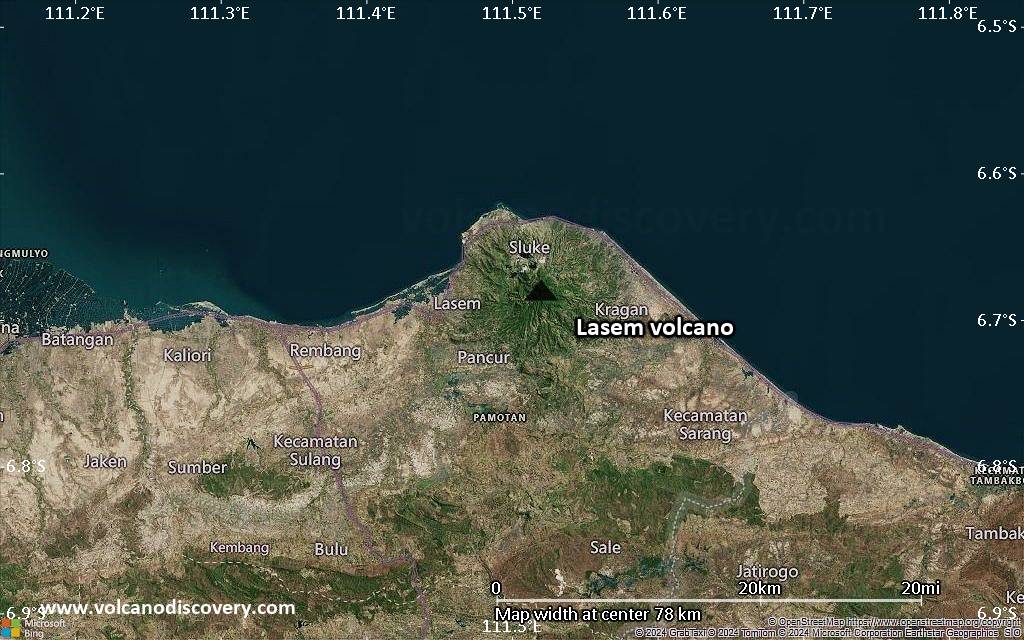 Satellite/aerial-type map of Lasem volcano (scale of 10s of km)
