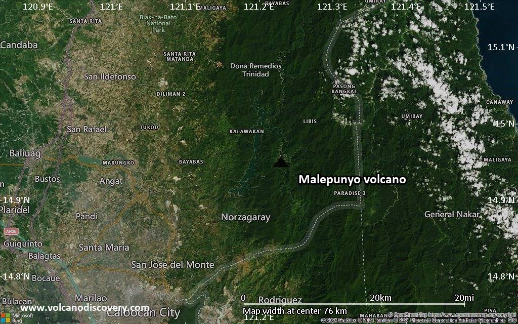 Satellite/aerial-type map of Malepunyo volcano (scale of 10s of km)