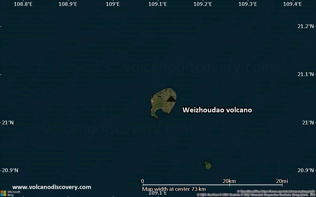 Satellite/aerial-type map of Weizhoudao volcano (scale of 10s of km)