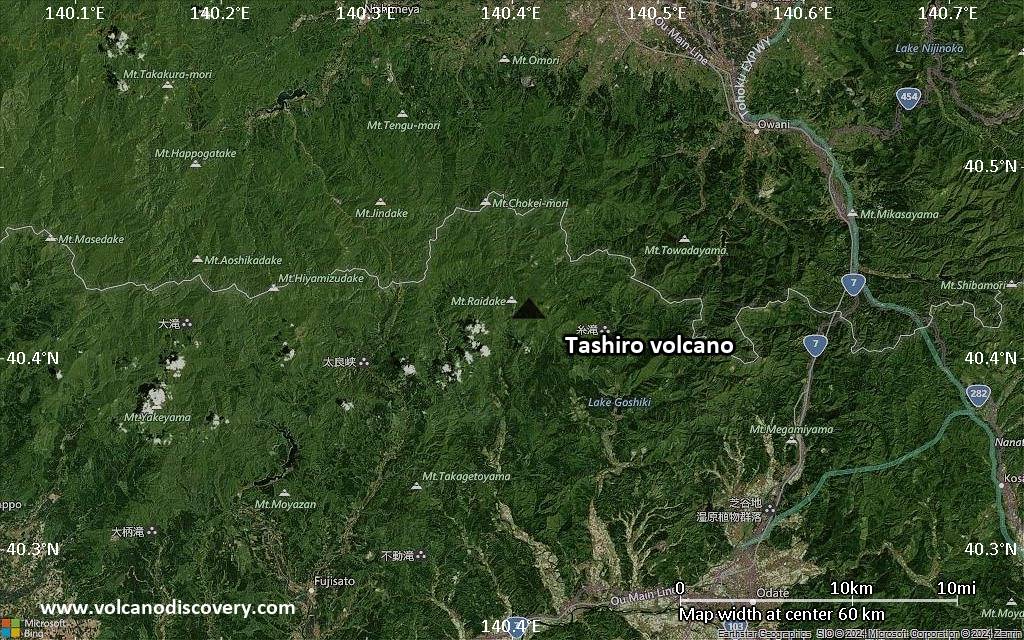 Satellite/aerial-type map of Tashiro volcano (scale of 10s of km)
