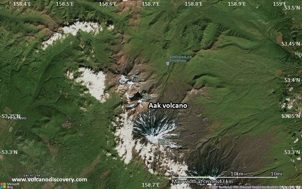 Satellite/aerial-type map of Aak volcano (scale of 10s of km)