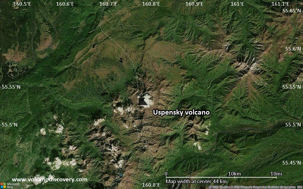 Satellite/aerial-type map of Uspensky volcano (scale of 10s of km)