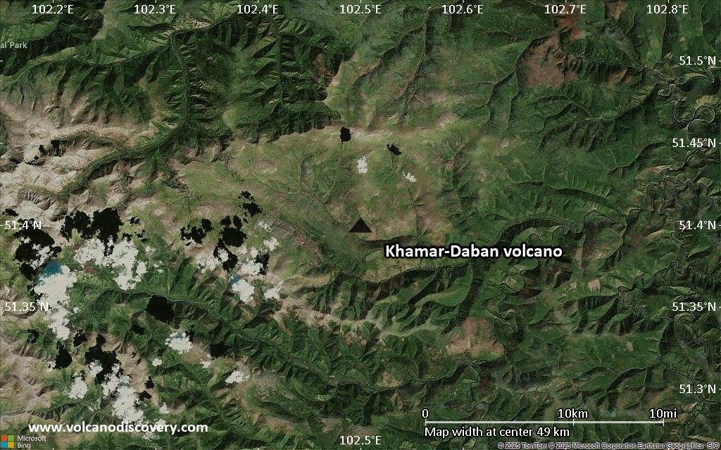 Satellite/aerial-type map of Khamar-Daban volcano (scale of 10s of km)