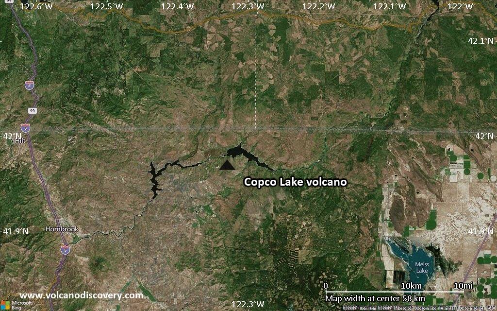 Satellite/aerial-type map of Copco Lake volcano (scale of 10s of km)