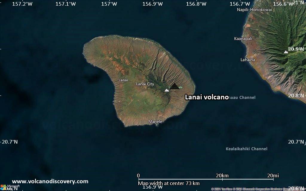 Satellite/aerial-type map of Lanai volcano (scale of 10s of km)
