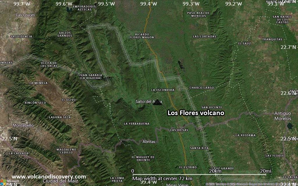 Satellite/aerial-type map of Los Flores volcano (scale of 10s of km)