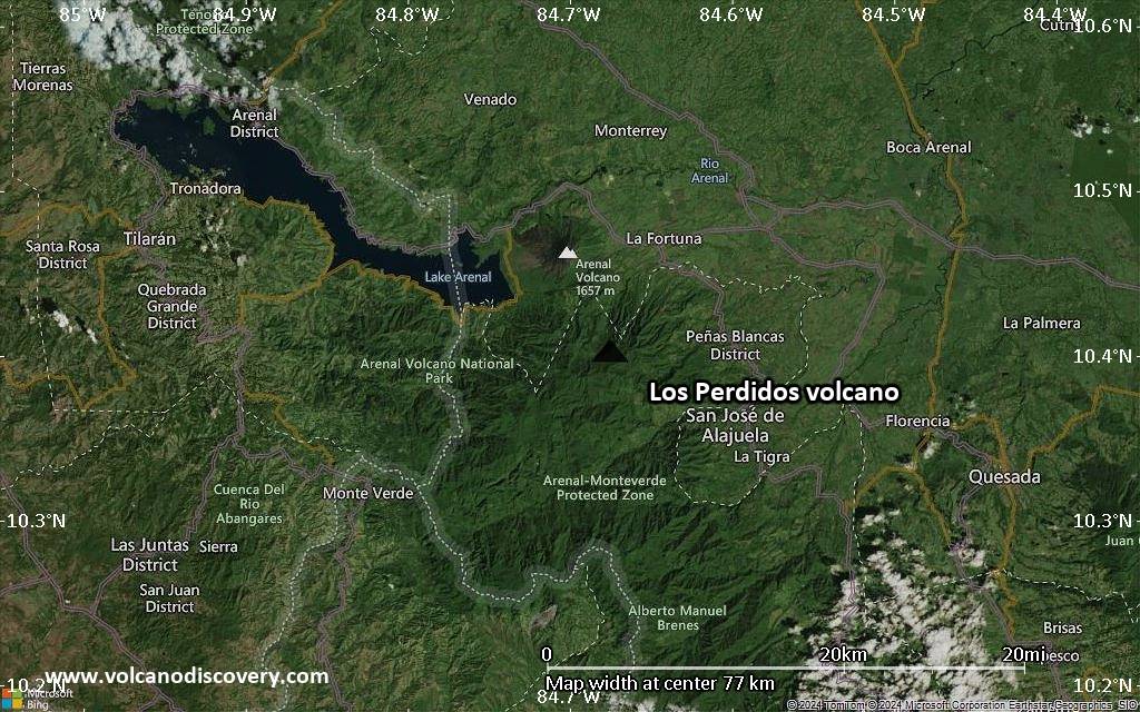 Satellite/aerial-type map of Los Perdidos volcano (scale of 10s of km)