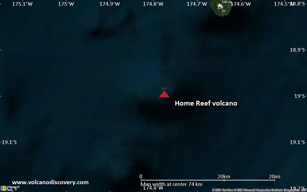 Satellite/aerial-type map of Home Reef volcano (scale of 10s of km)