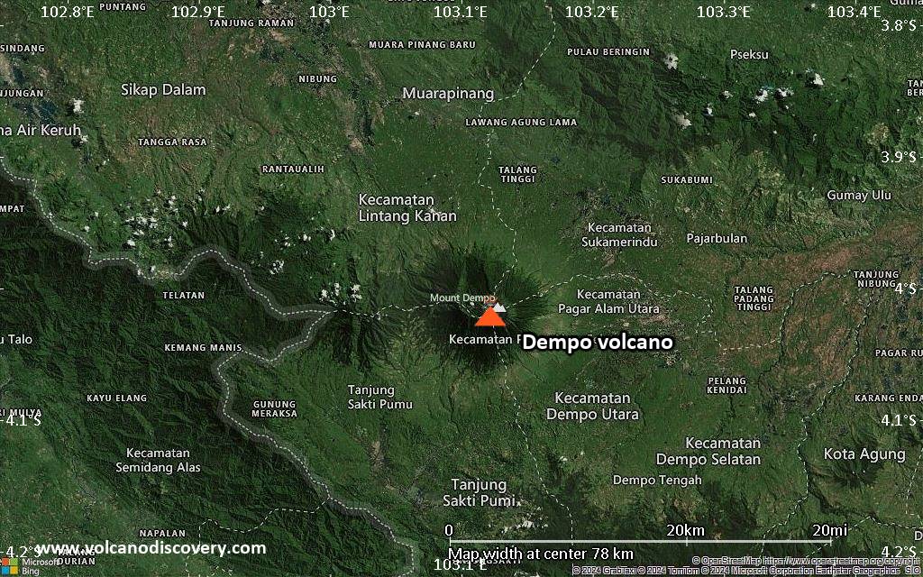Satellite/aerial-type map of Dempo volcano (scale of 10s of km)