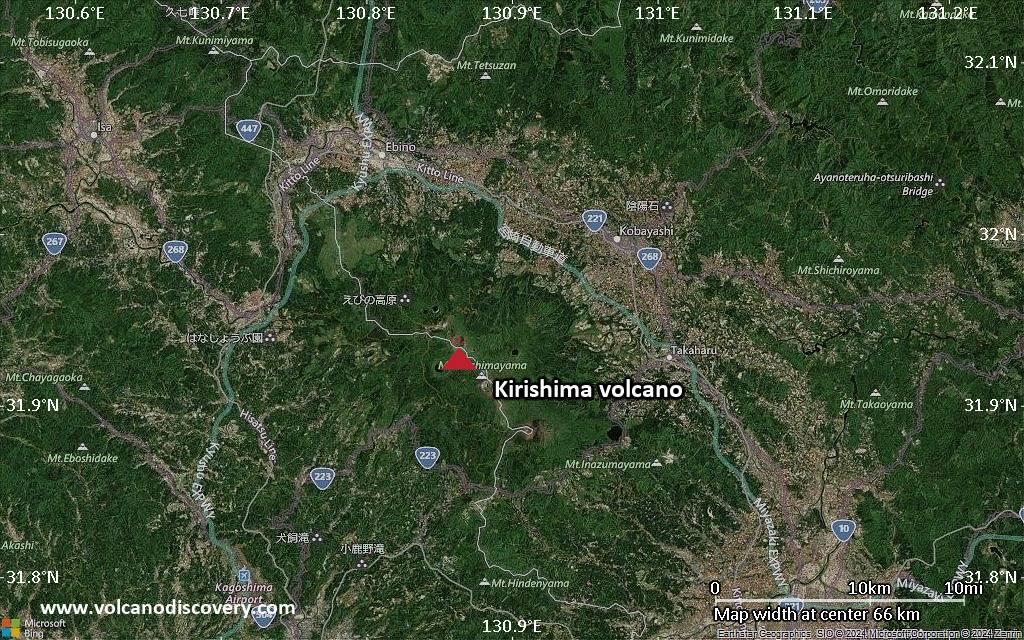 Satellite/aerial-type map of Kirishima volcano (scale of 10s of km)