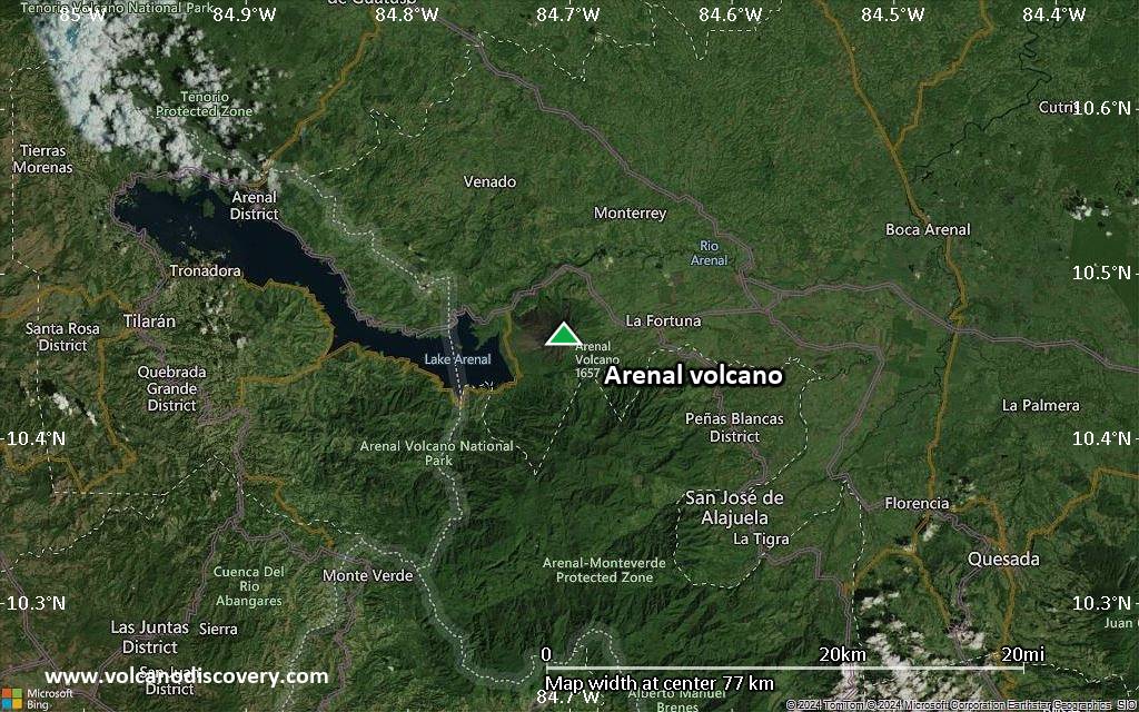 Satellite/aerial-type map of Arenal volcano (scale of 10s of km)