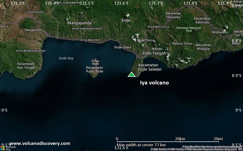 Satellite/aerial-type map of Iya volcano (scale of 10s of km)