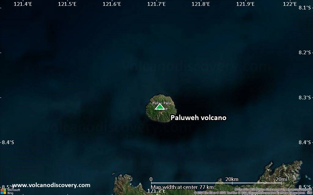 Satellite/aerial-type map of Paluweh volcano (scale of 10s of km)