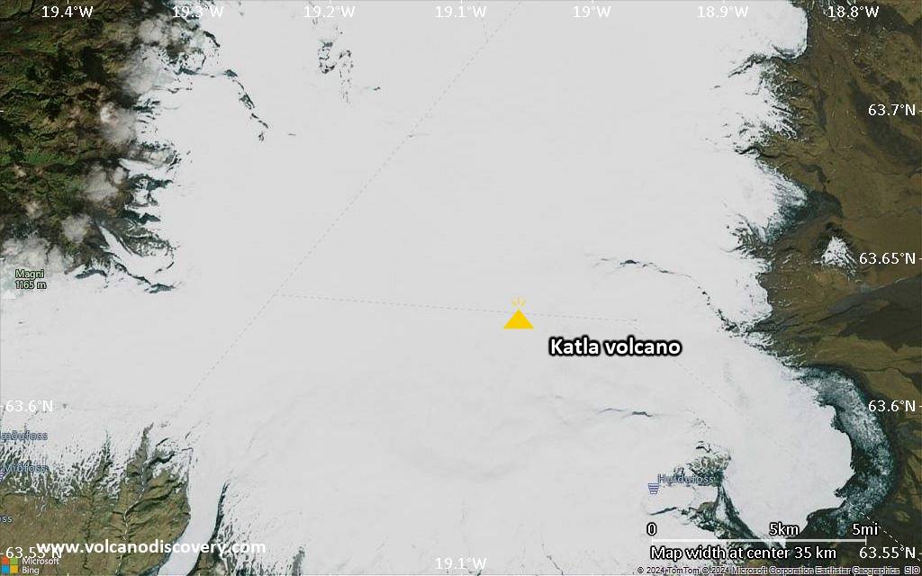 Satellite/aerial-type map of Katla volcano (scale of 10s of km)
