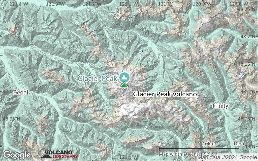 Terrain-type map of Glacier Peak volcano (scale of 10s of km)