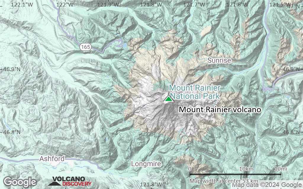 Terrain-type map of Mount Rainier volcano (scale of 10s of km)