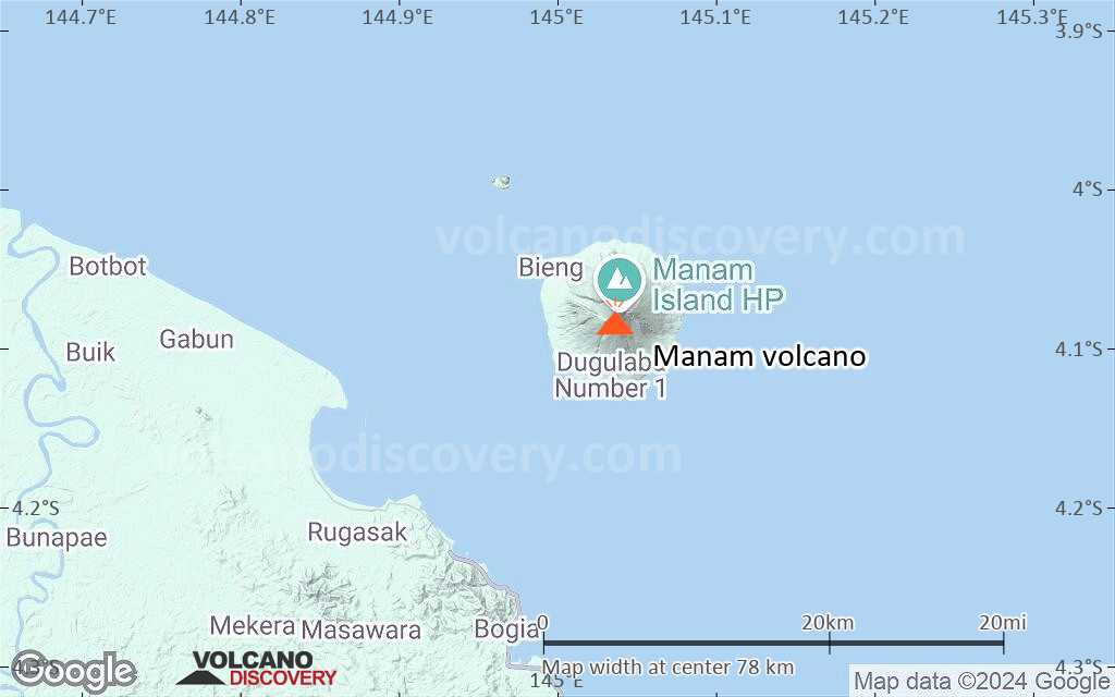 Terrain-type map of Manam volcano (scale of 10s of km)