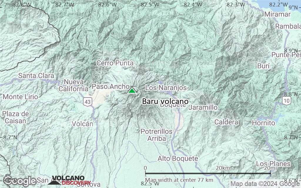 Terrain-type map of Baru volcano (scale of 10s of km)