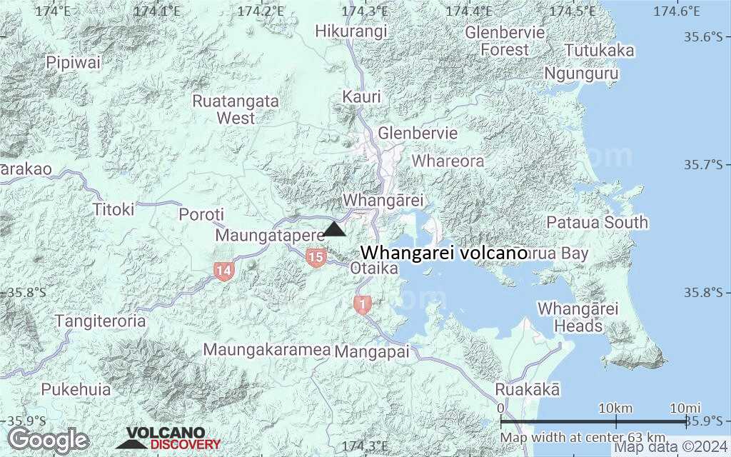Terrain-type map of Whangarei volcano (scale of 10s of km)