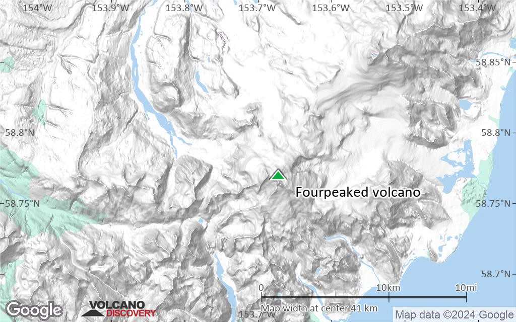 Terrain-type map of Fourpeaked volcano (scale of 10s of km)