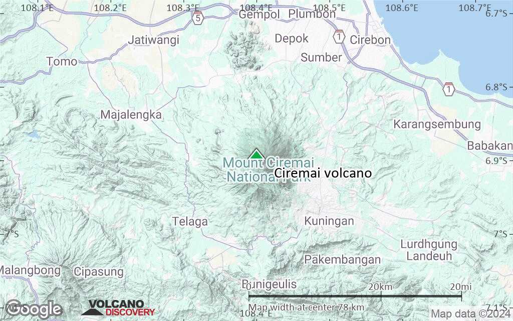 Terrain-type map of Ciremai volcano (scale of 10s of km)