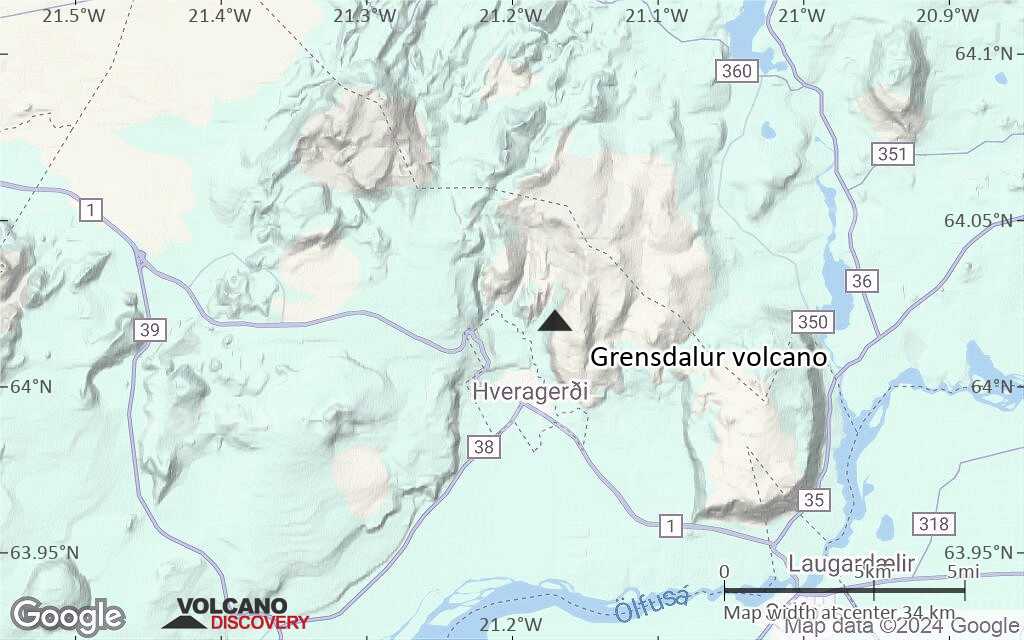 Terrain-type map of Grensdalur volcano (scale of 10s of km)