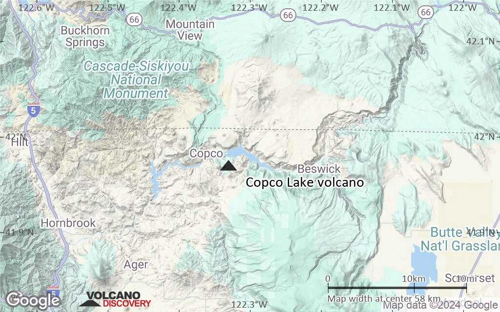 Terrain-type map of Copco Lake volcano (scale of 10s of km)