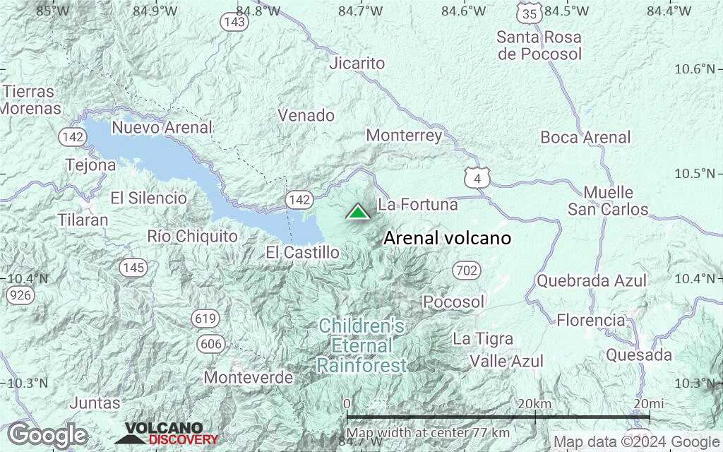 Terrain-type map of Arenal volcano (scale of 10s of km)