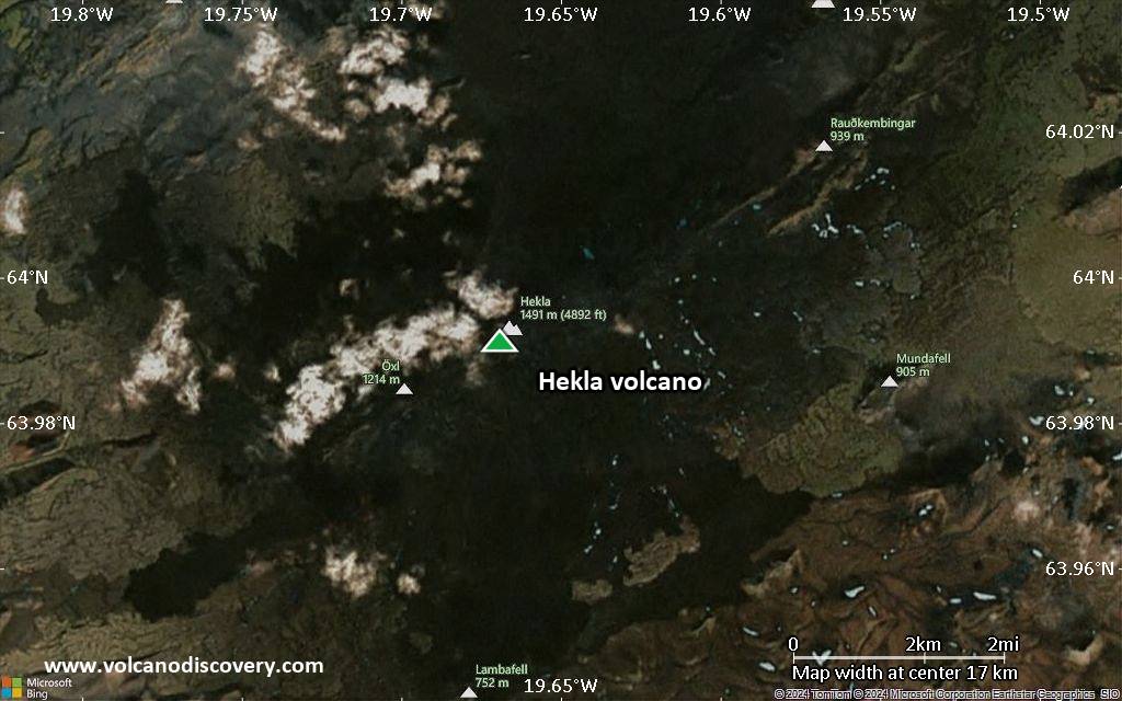 Satellite/aerial-type map of Hekla volcano (scale of 20-40 km)