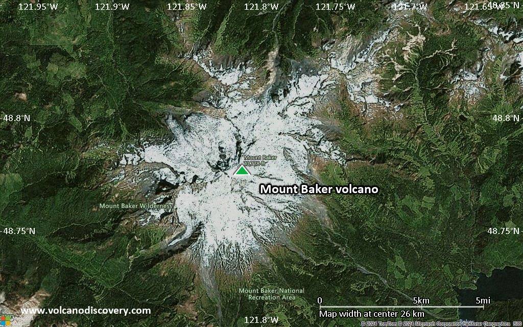 Satellite/aerial-type map of Mount Baker volcano (scale of 20-40 km)