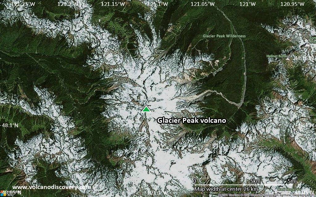 Satellite/aerial-type map of Glacier Peak volcano (scale of 20-40 km)
