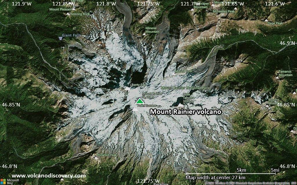 Satellite/aerial-type map of Mount Rainier volcano (scale of 20-40 km)