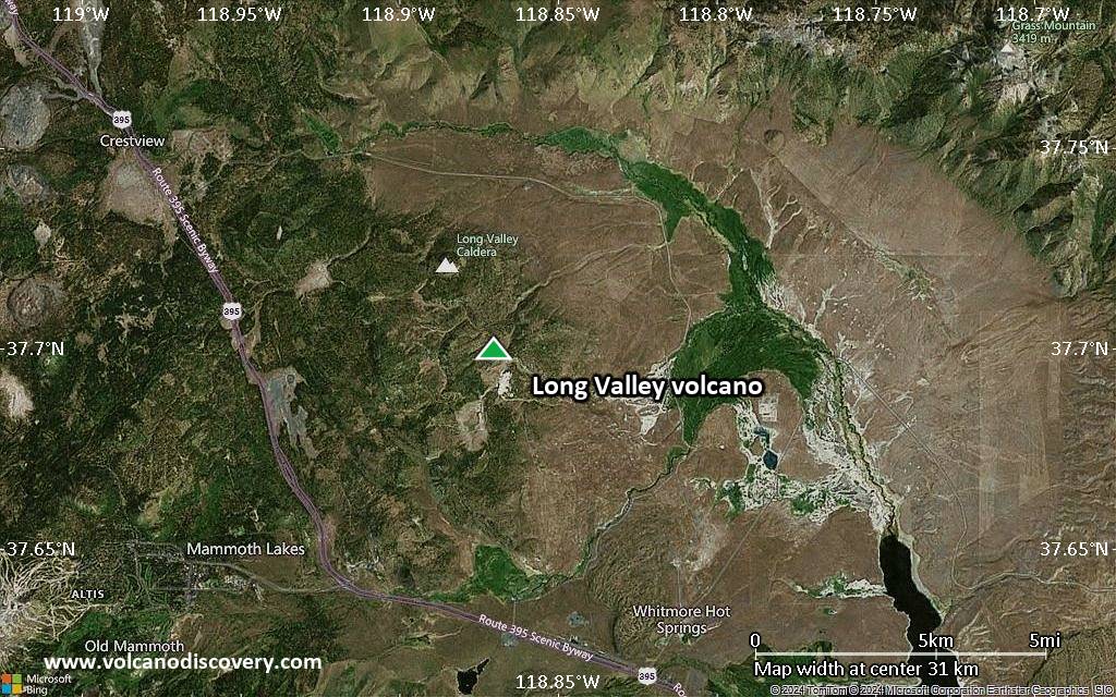 Satellite/aerial-type map of Long Valley volcano (scale of 20-40 km)