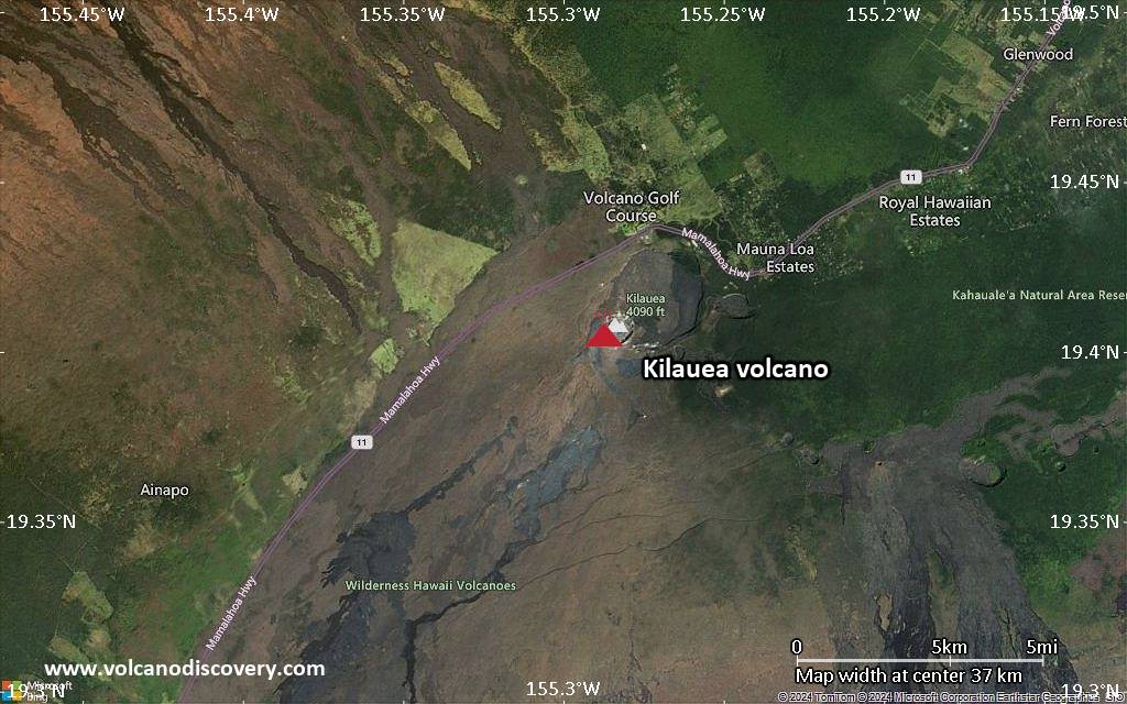 Satellite/aerial-type map of Kilauea volcano (scale of 20-40 km)